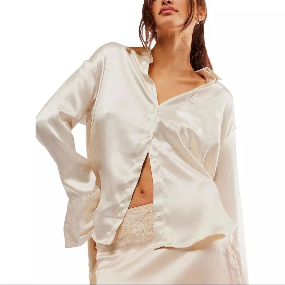 NWT Free People Shooting For The Moon Satin Button-Down Blouse